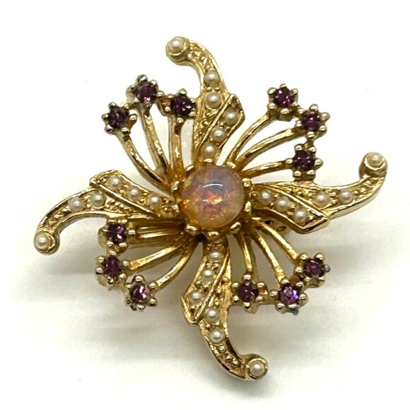 Faux Opal Swirl Brooch Gold-Tone With Faux Pearls & Purple Rhinestones Atomic - Picture 3 of 8